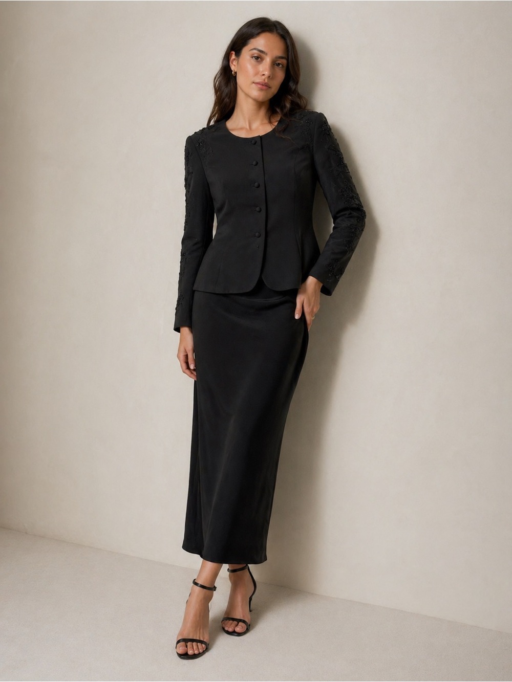 Dana Buchman 100% Silk Skirt Suit Set | Size 6 | Embroidered Jacket + Midi Skirt